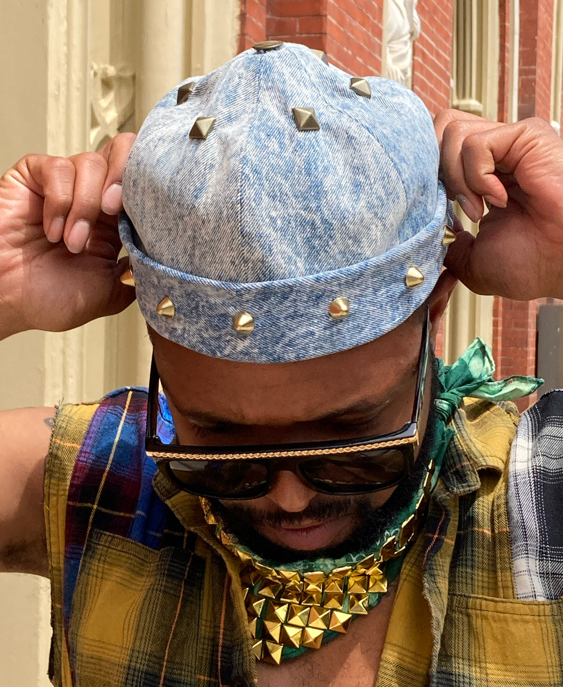 UPCYCLED DENIM BRIMLESS - ACID WASH W GOLD STUDS