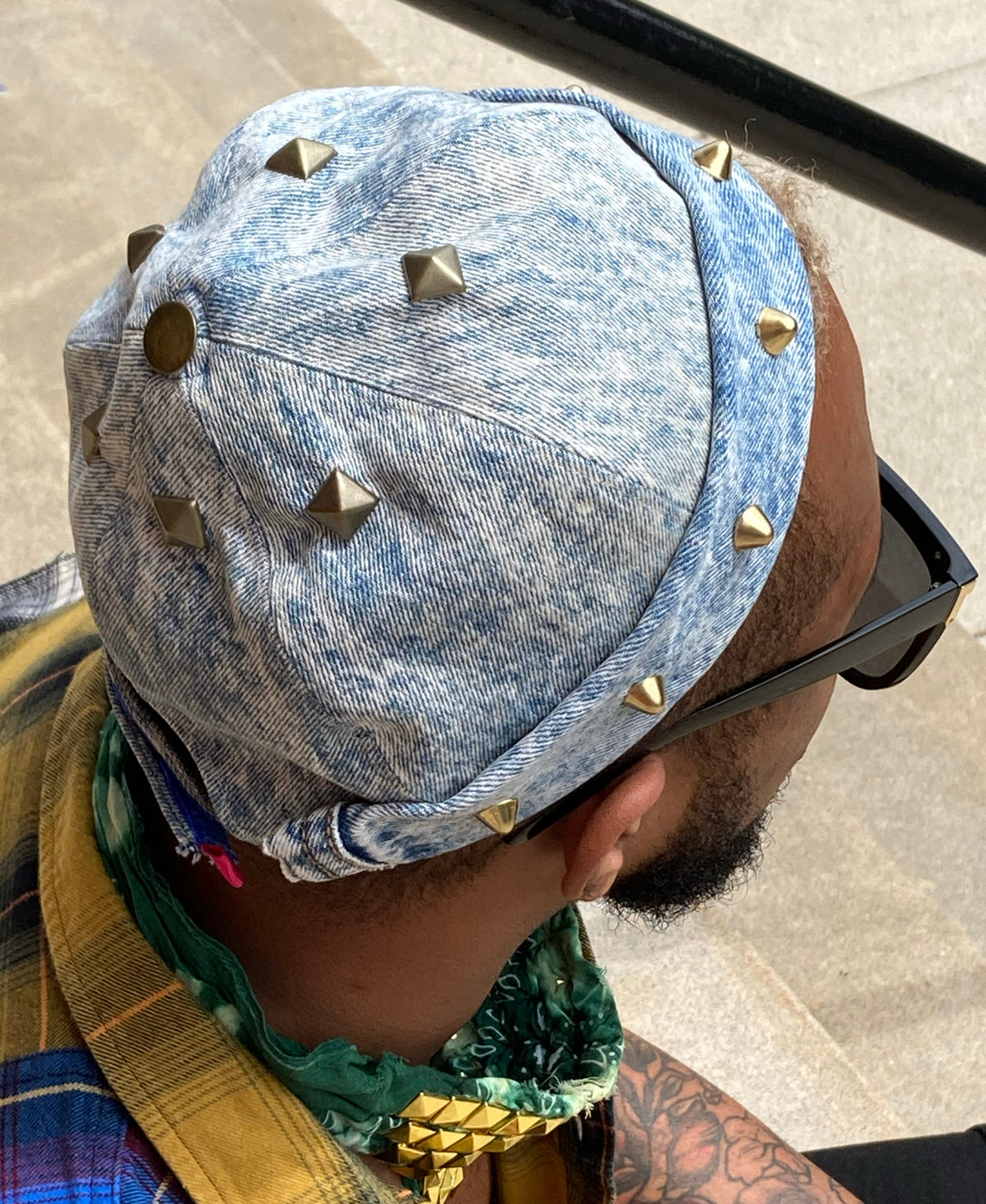 UPCYCLED DENIM BRIMLESS - ACID WASH W GOLD STUDS