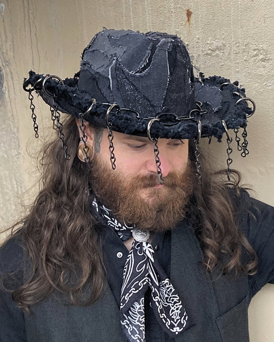 BLACK PATCHED DENIM COWBOY W CHAINS
