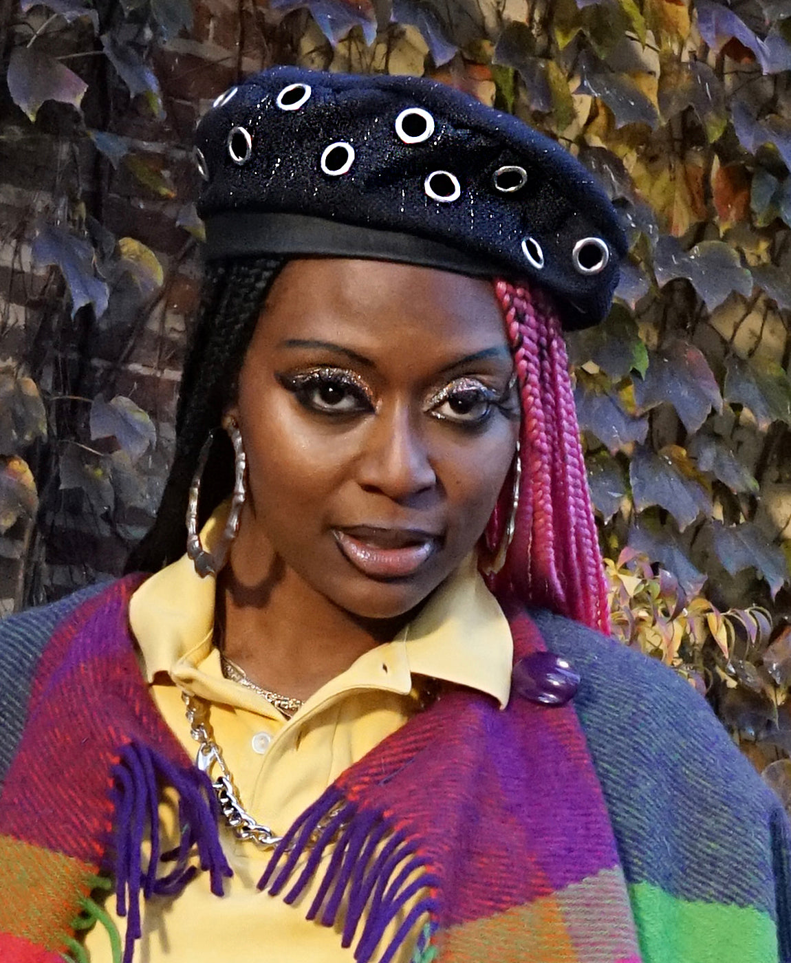 METALLIC TWEED BERET W GROMMETS - BLACK/NAVY